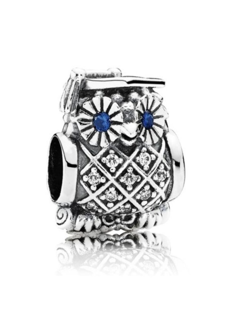 Pandora Sterling Silver Graduate Owl Charm w/ Blue Crystal Eyes - 79150nsb